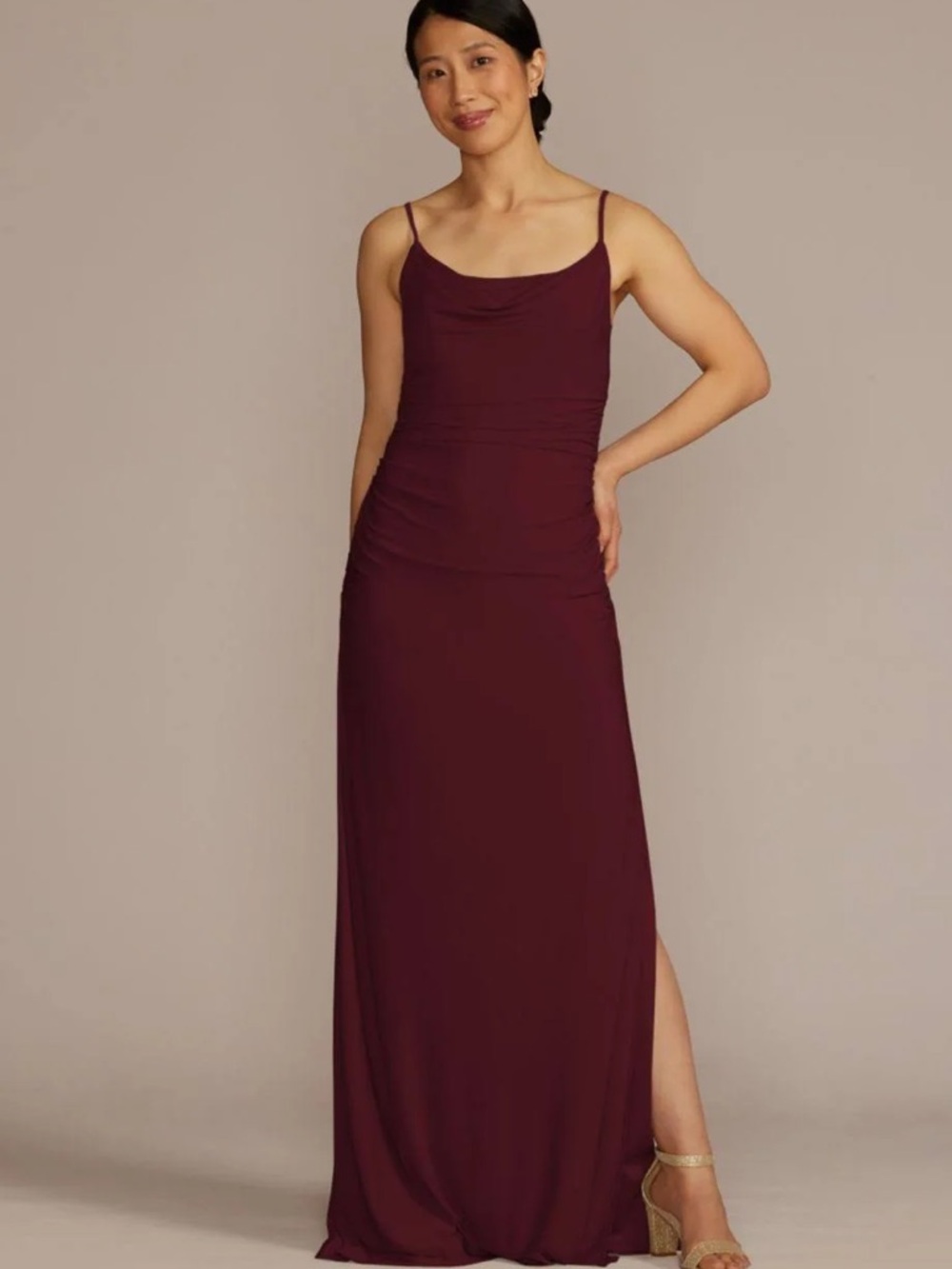David's Bridal Ruched Jersey Spaghetti Strap Dress in Wine